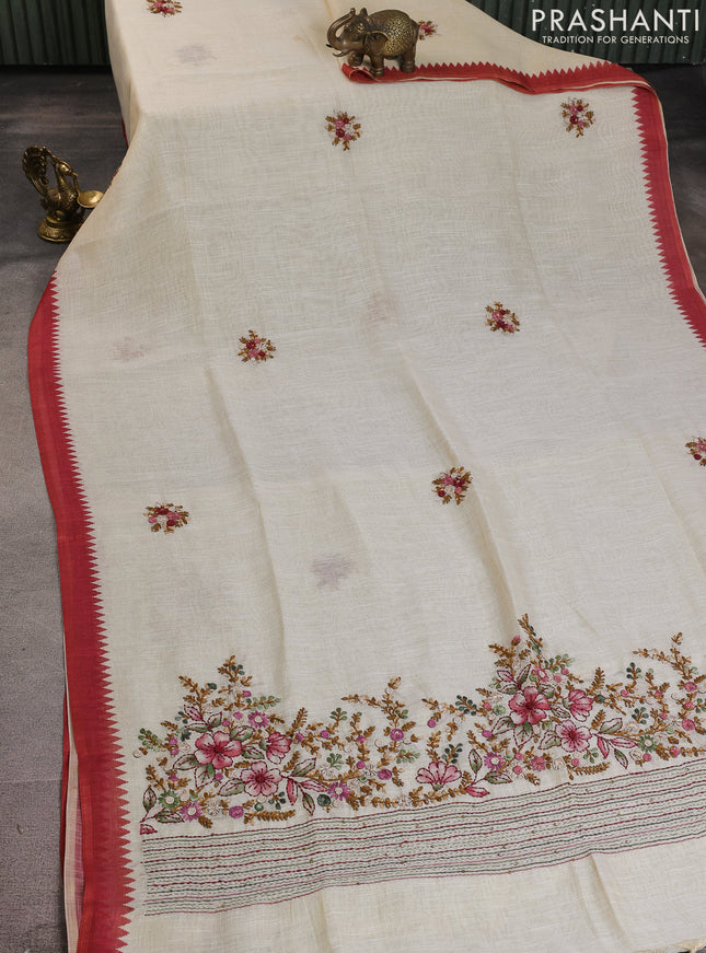 Linen cotton saree cream and pink shade with kantha stitch work and zari woven border