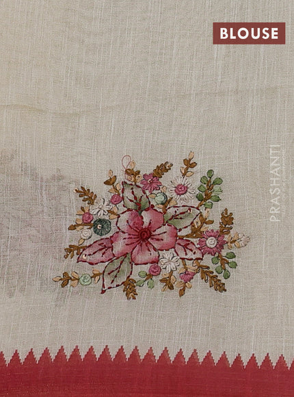 Linen cotton saree cream and pink shade with kantha stitch work and zari woven border