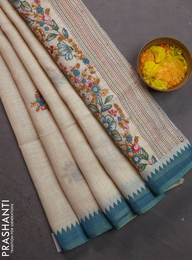 Linen cotton saree cream and teal green with kantha stitch work and zari woven border