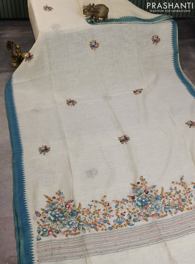 Linen cotton saree cream and teal green with kantha stitch work and zari woven border