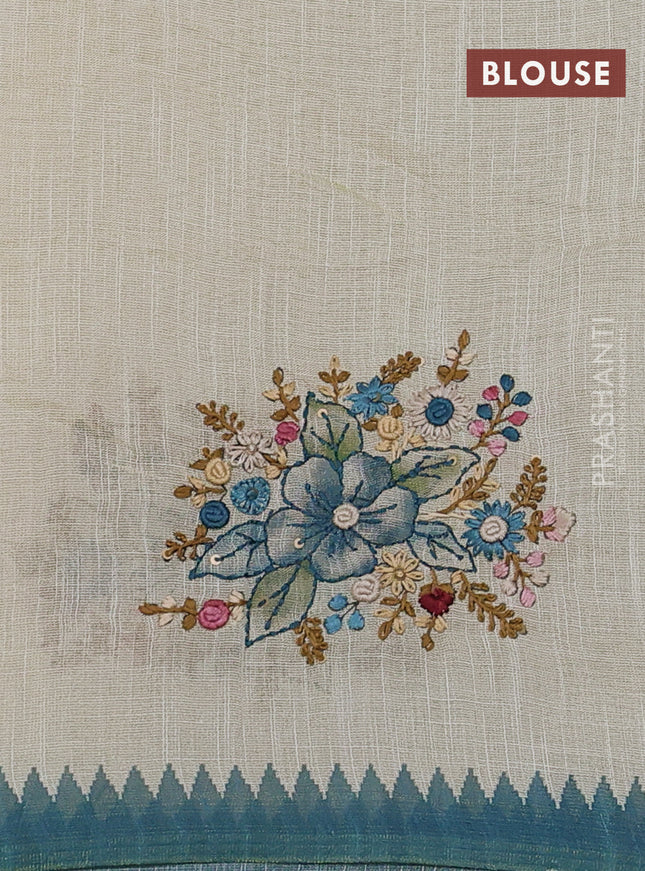 Linen cotton saree cream and teal green with kantha stitch work and zari woven border