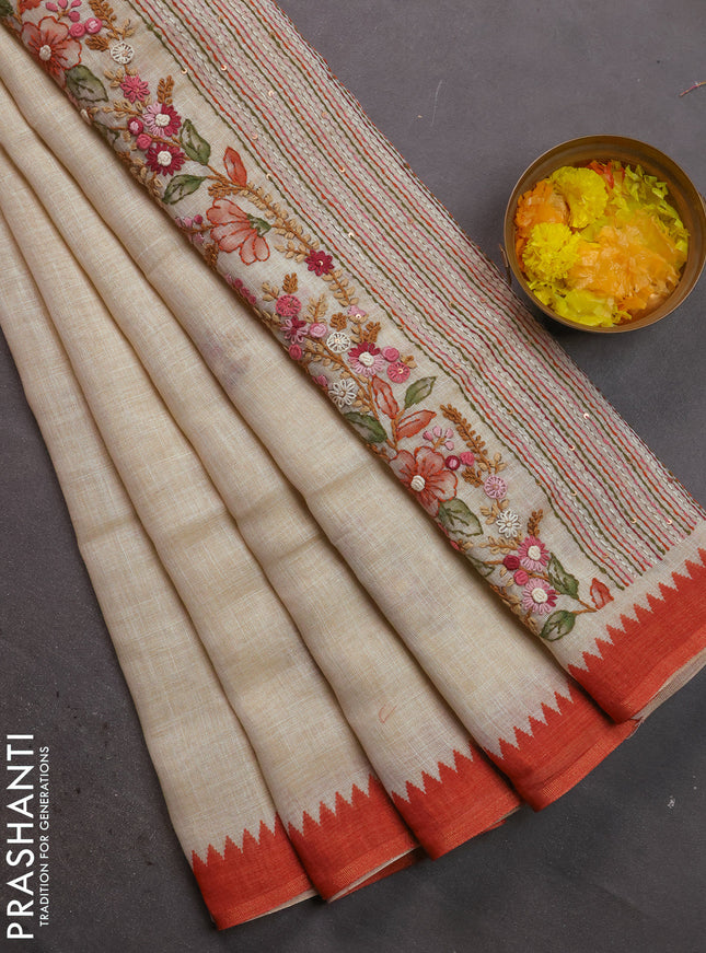 Linen cotton saree cream and rustic orange with kantha stitch work and zari woven border