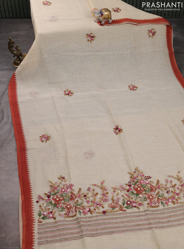 Linen cotton saree cream and rustic orange with kantha stitch work and zari woven border