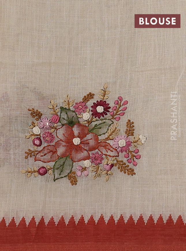 Linen cotton saree cream and rustic orange with kantha stitch work and zari woven border