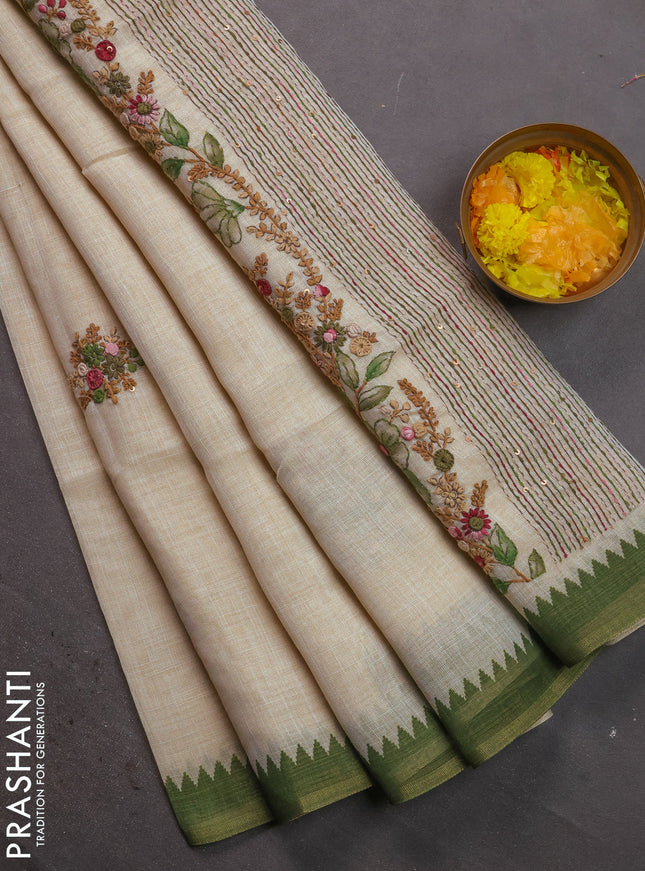 Linen cotton saree cream and green with kantha stitch work and zari woven border