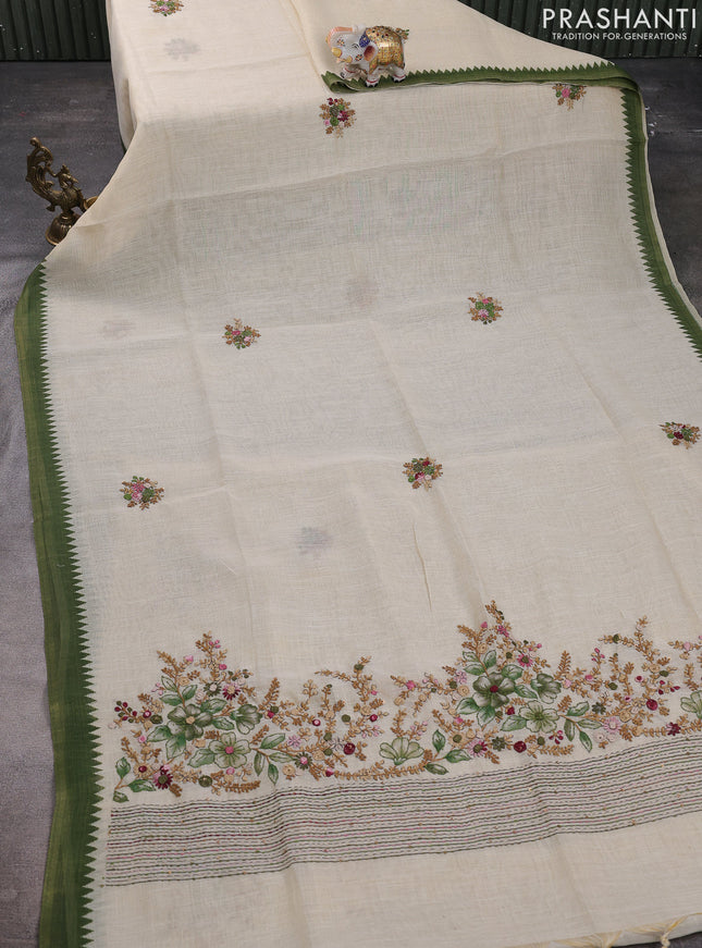 Linen cotton saree cream and green with kantha stitch work and zari woven border