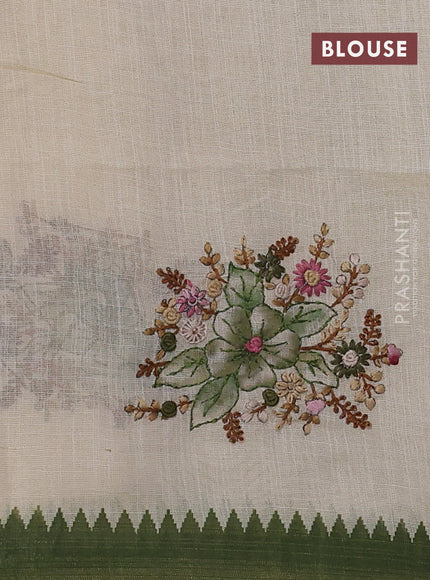Linen cotton saree cream and green with kantha stitch work and zari woven border