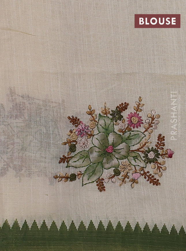 Linen cotton saree cream and green with kantha stitch work and zari woven border