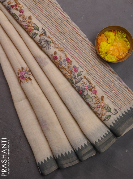 Linen cotton saree cream and grey with kantha stitch work and zari woven border