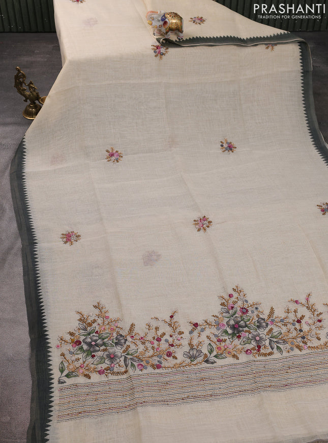 Linen cotton saree cream and grey with kantha stitch work and zari woven border