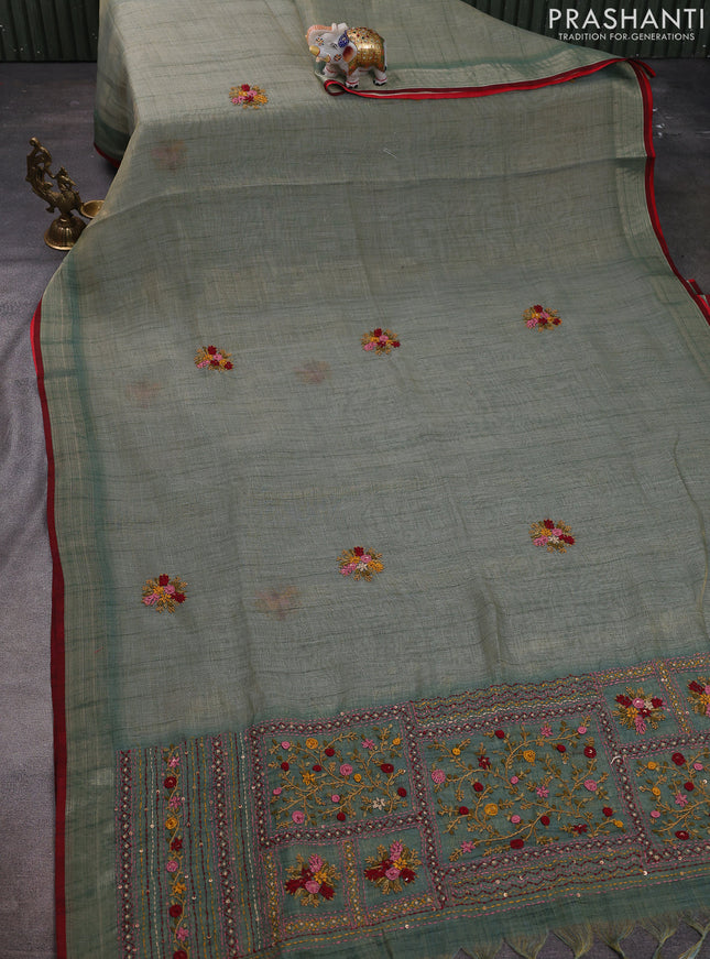 Linen cotton saree pastel green with kantha stitch work and zari woven border