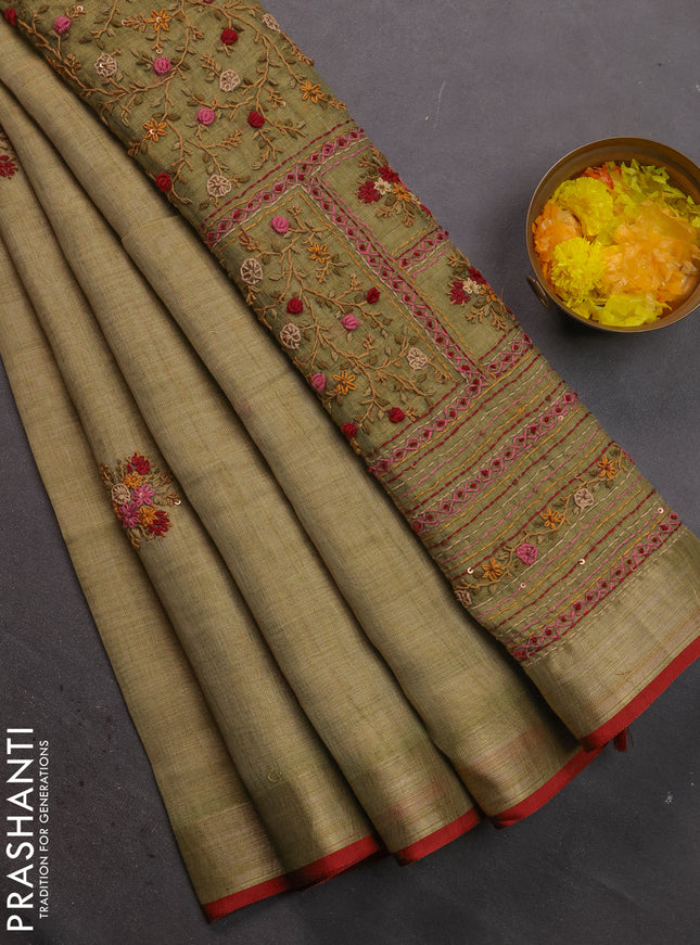 Linen cotton saree light green with kantha stitch work and zari woven border