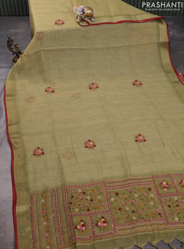Linen cotton saree light green with kantha stitch work and zari woven border