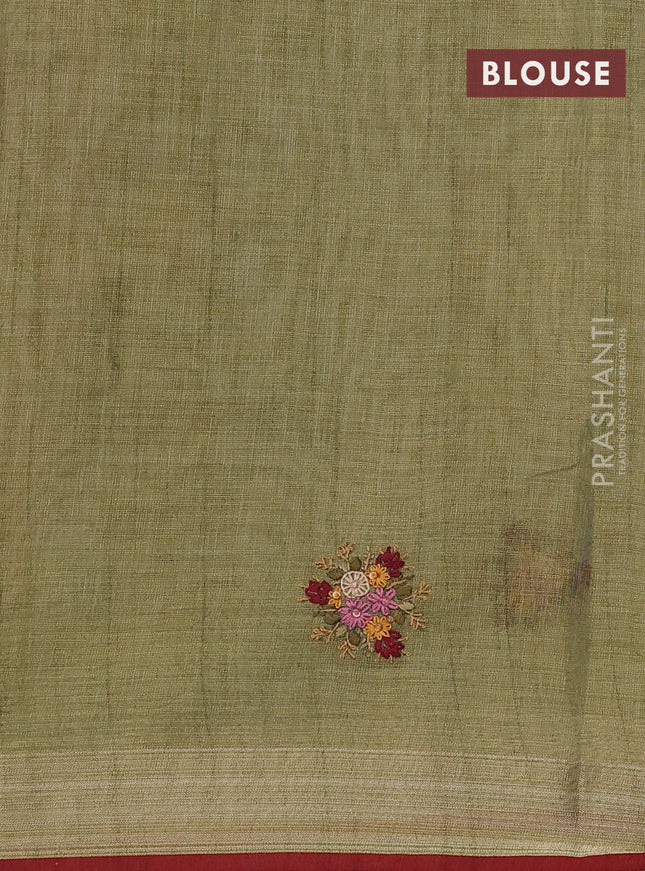Linen cotton saree light green with kantha stitch work and zari woven border