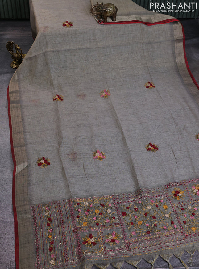 Linen cotton saree grey with kantha stitch work and zari woven border