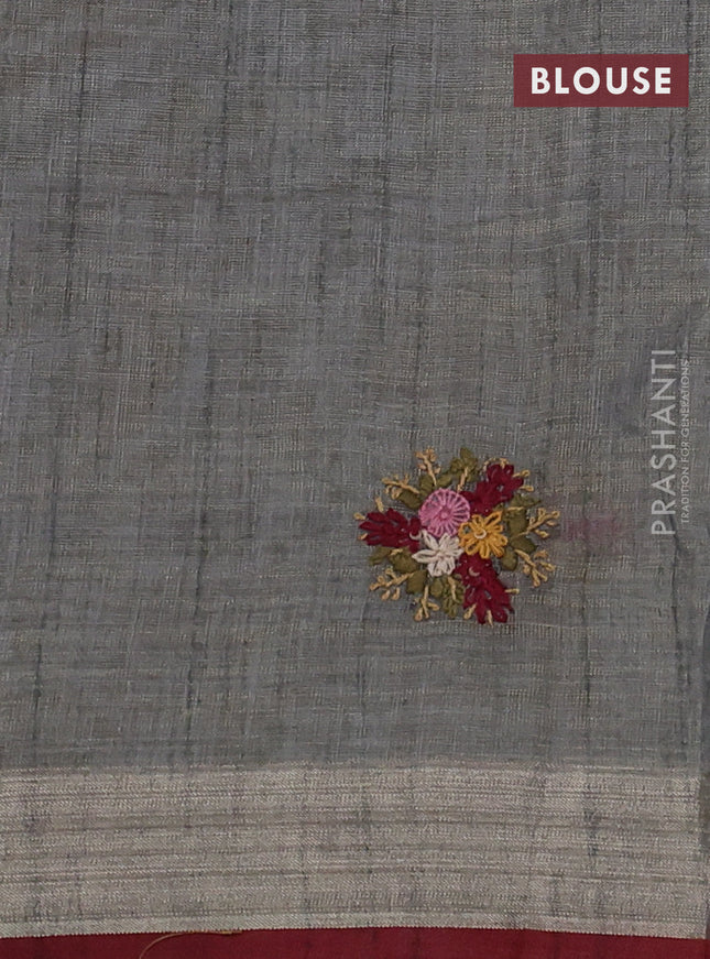 Linen cotton saree grey with kantha stitch work and zari woven border