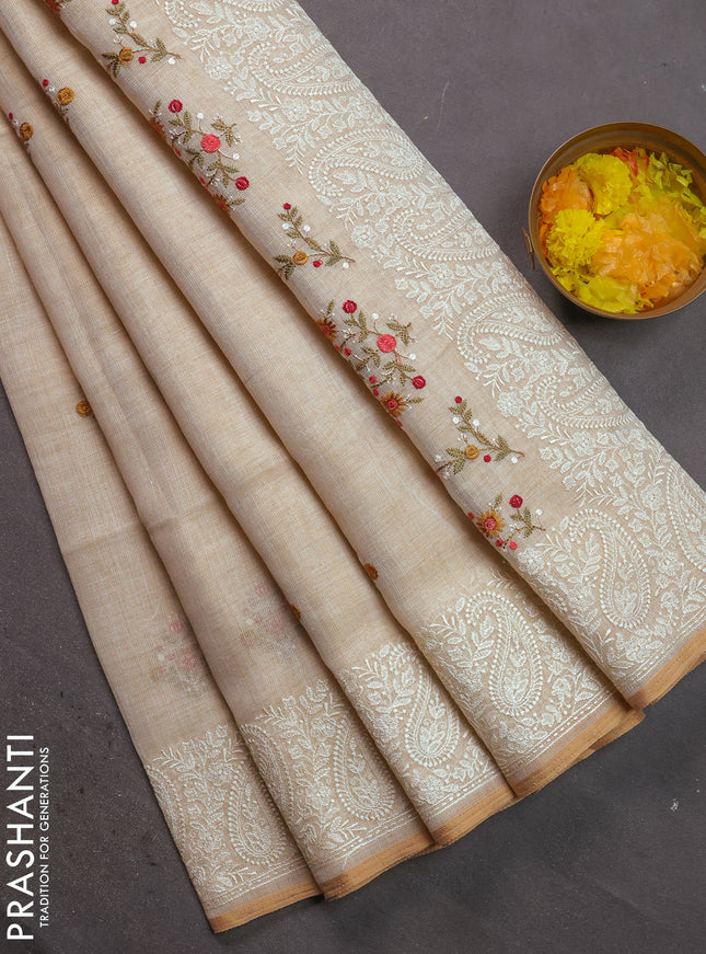 Linen cotton saree cream and maroon with kantha stitch work and embroidered border