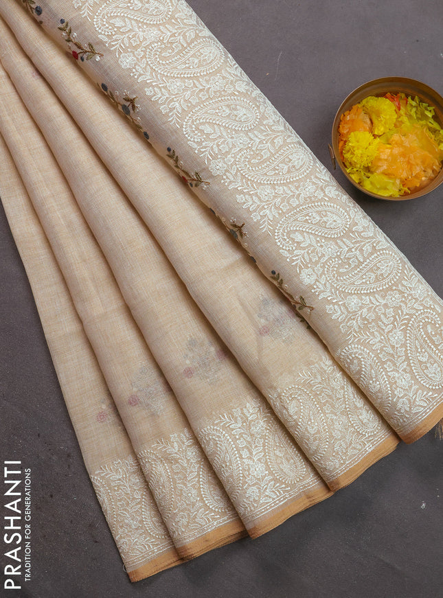 Linen cotton saree cream and grey maroon with kantha stitch work and embroidered border