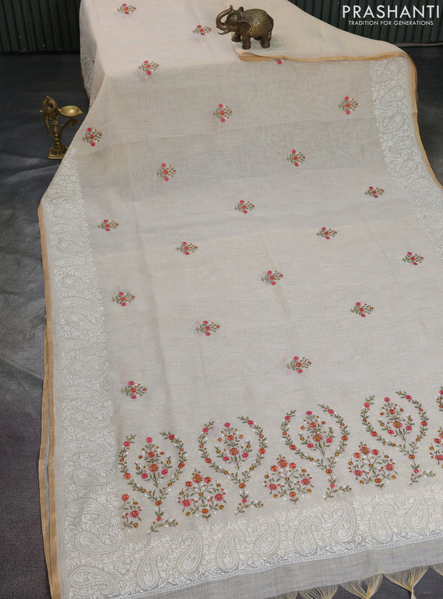 Linen cotton saree cream and red mustard with kantha stitch work and embroidered border