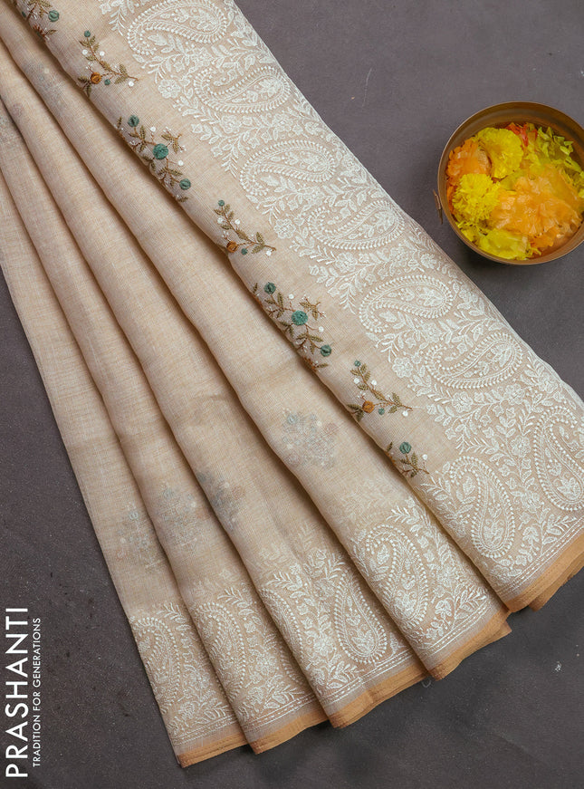 Linen cotton saree cream and teal green with kantha stitch work and embroidered border