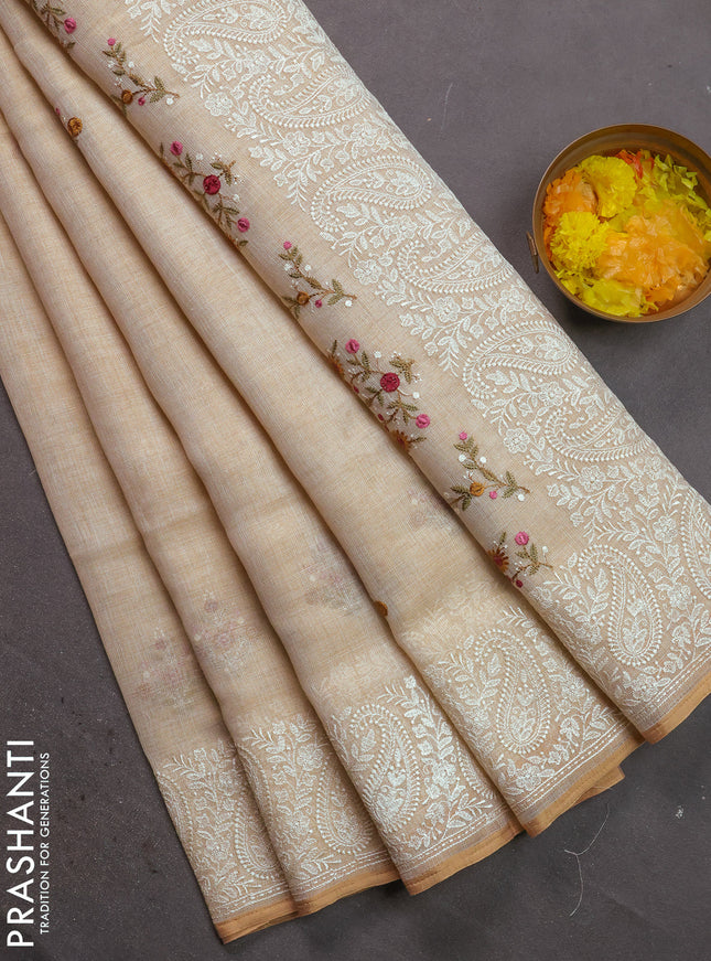 Linen cotton saree cream and pink with kantha stitch work and embroidered border