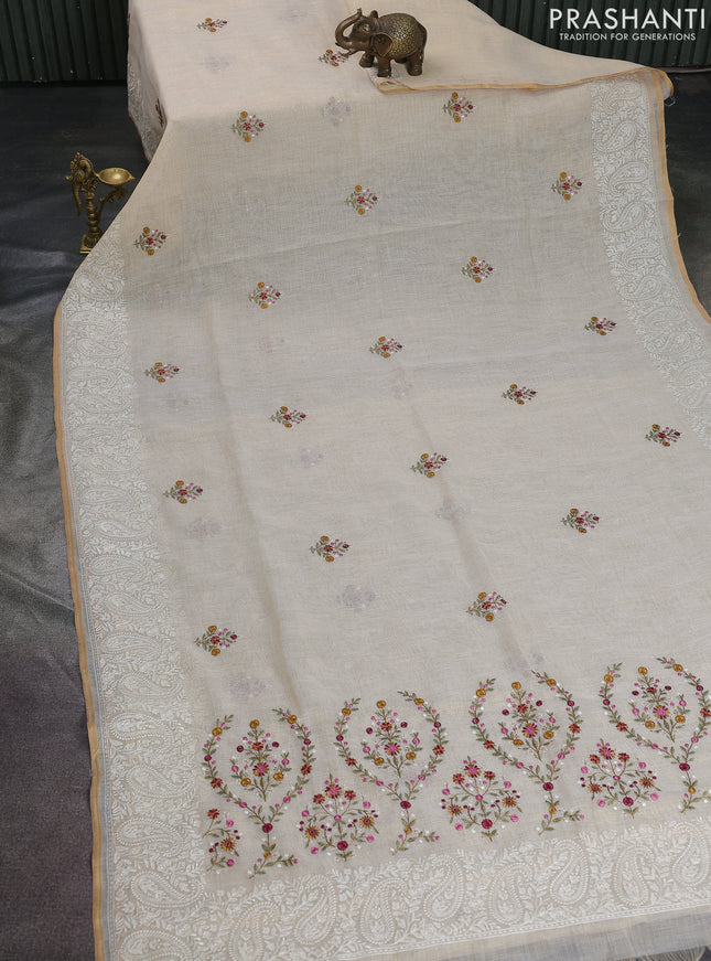 Linen cotton saree cream and pink with kantha stitch work and embroidered border