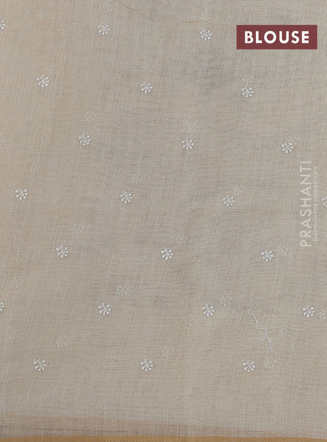 Linen cotton saree cream and pink with kantha stitch work and embroidered border