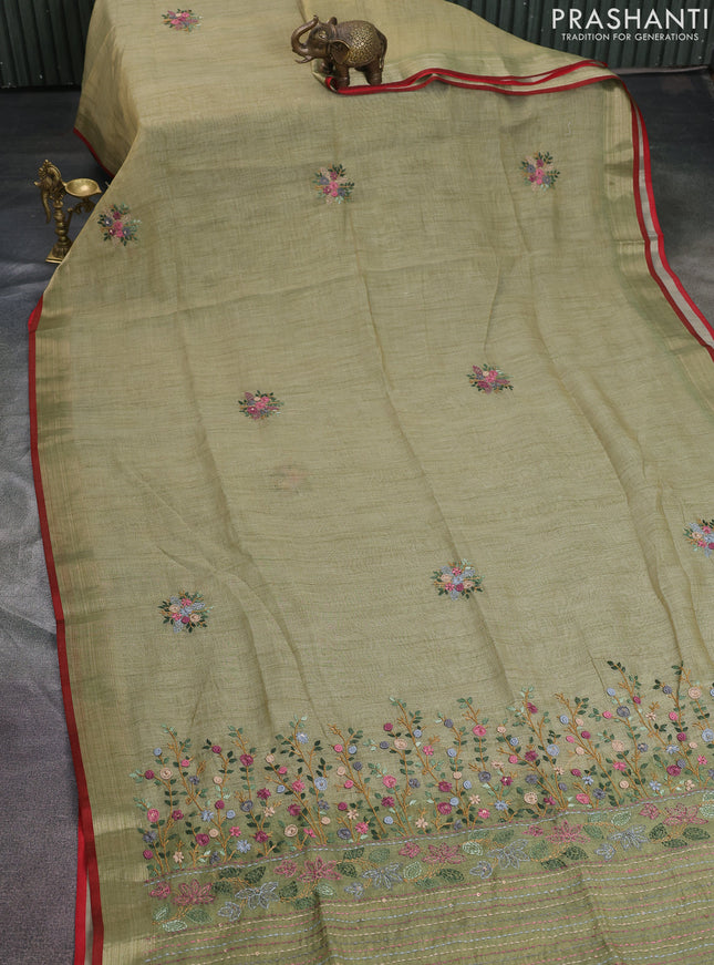 Linen cotton saree light green with kantha stitch work and zari woven border