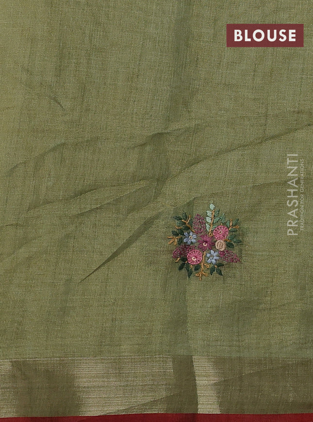 Linen cotton saree light green with kantha stitch work and zari woven border