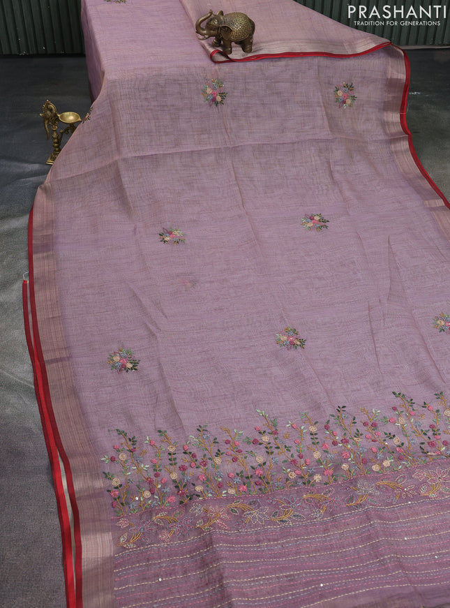 Linen cotton saree pastel purple with kantha stitch work and zari woven border