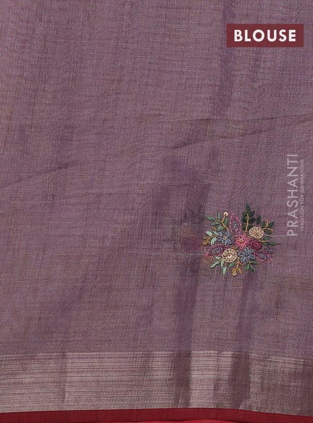 Linen cotton saree pastel purple with kantha stitch work and zari woven border