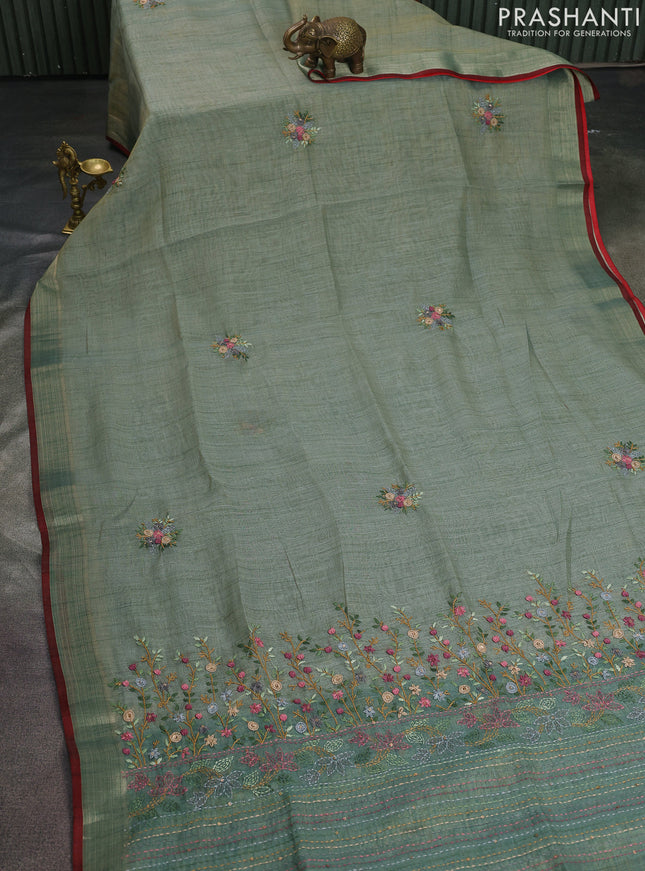 Linen cotton saree pastel blue with kantha stitch work and zari woven border