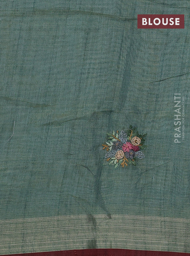 Linen cotton saree pastel blue with kantha stitch work and zari woven border