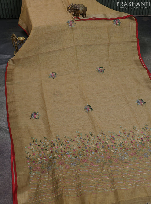 Linen cotton saree sandal and mustard green with kantha stitch work and zari woven border