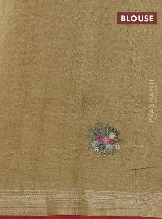 Linen cotton saree sandal and mustard green with kantha stitch work and zari woven border