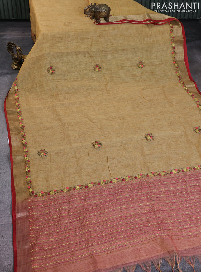 Linen cotton saree sandal with kantha stitch work and embroidered zari border