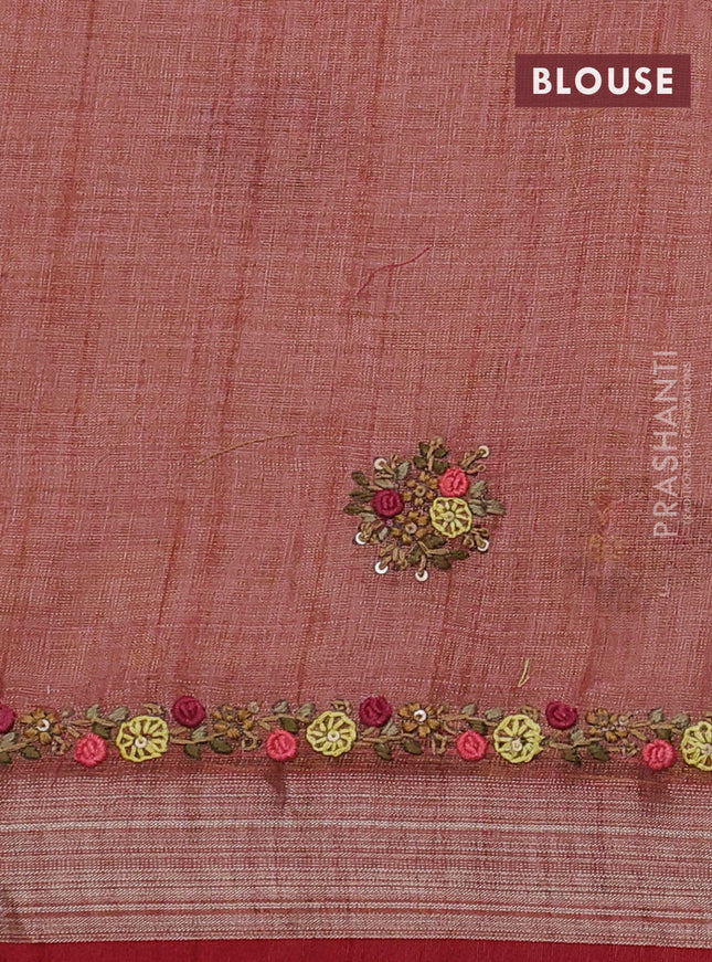 Linen cotton saree sandal with kantha stitch work and embroidered zari border