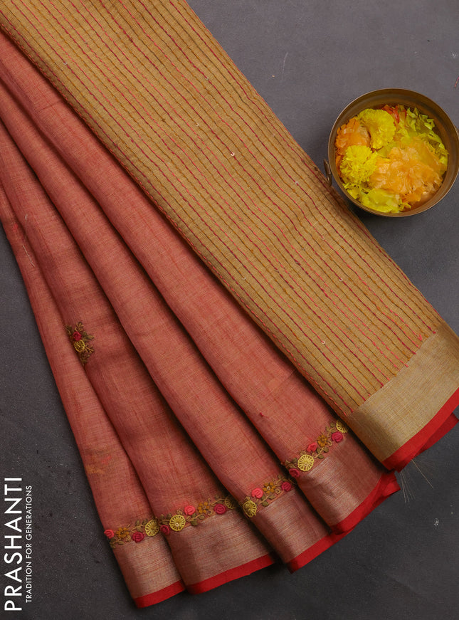Linen cotton saree peach shade with kantha stitch work and embroidered zari border