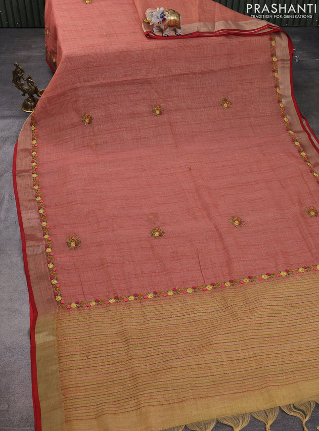 Linen cotton saree peach shade with kantha stitch work and embroidered zari border
