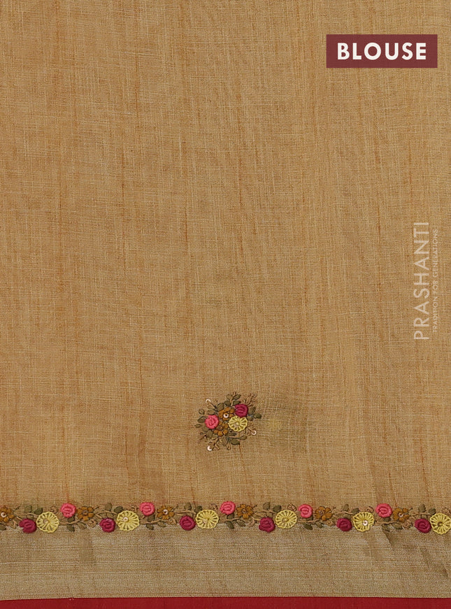 Linen cotton saree peach shade with kantha stitch work and embroidered zari border