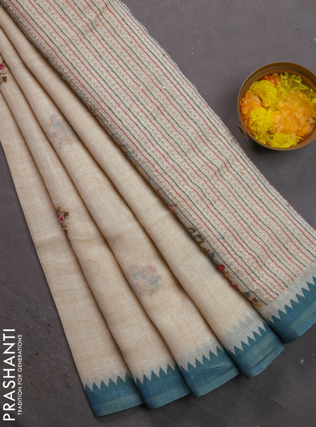 Linen cotton saree cream and peacock blue with kantha stitch work and zari woven border