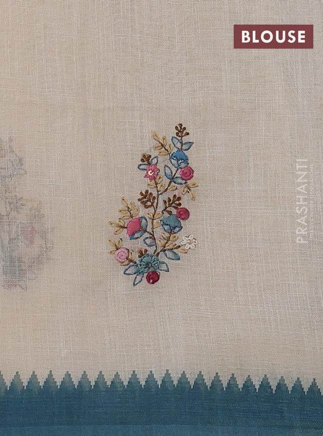 Linen cotton saree cream and peacock blue with kantha stitch work and zari woven border