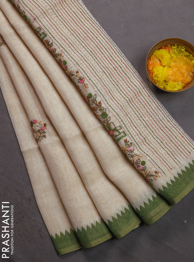 Linen cotton saree cream and green with kantha stitch work and zari woven border