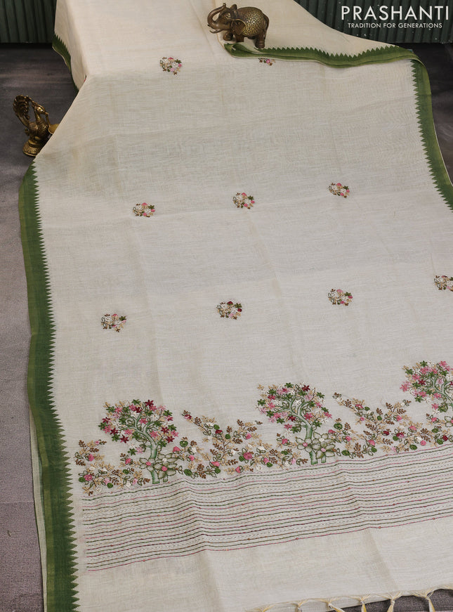 Linen cotton saree cream and green with kantha stitch work and zari woven border