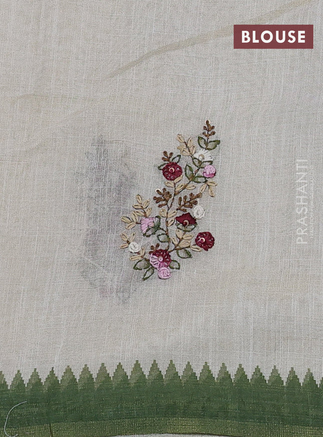 Linen cotton saree cream and green with kantha stitch work and zari woven border