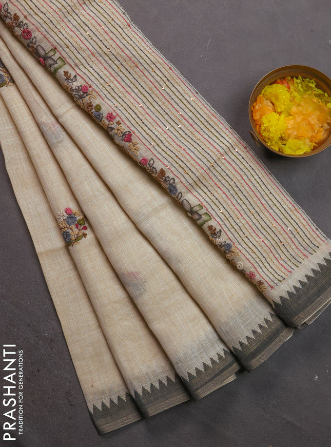 Linen cotton saree cream and black with kantha stitch work and zari woven border