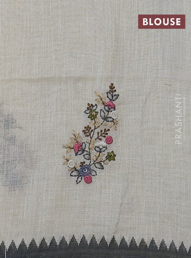 Linen cotton saree cream and black with kantha stitch work and zari woven border