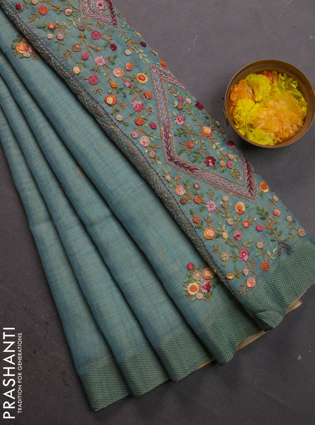 Linen cotton saree pastel blue shade with kantha stitch work and printed border
