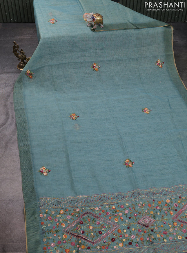 Linen cotton saree pastel blue shade with kantha stitch work and printed border