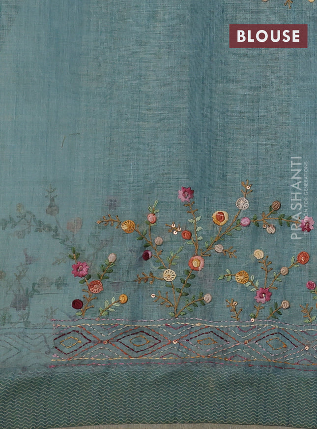 Linen cotton saree pastel blue shade with kantha stitch work and printed border